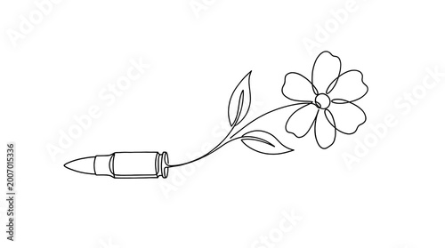 Tableau sur toile One line drawing of a flower growing from a bullet casing for peace