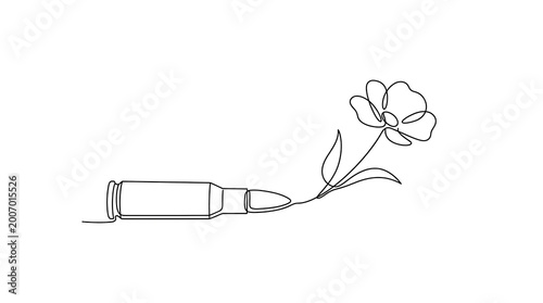 Photos One Line Drawing of Flower Growing From Bullet for Peace Concept