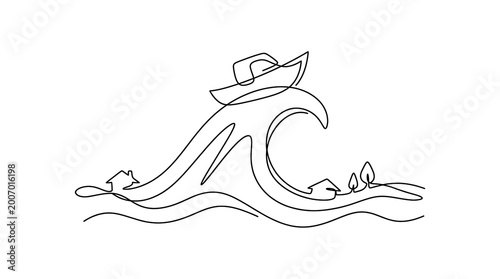 Billede på lærred Continuous Line Art of Tsunami Wave Flooding Houses and Boat