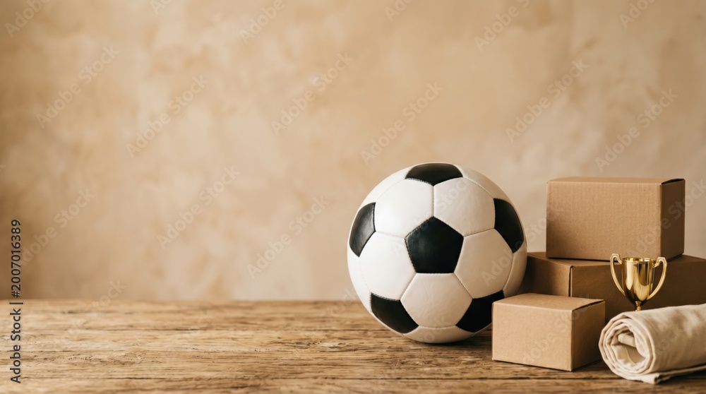 Fototapeta premium Soccer Ball Delivery Concept with Trophy and Shipping Boxes on Wooden Table