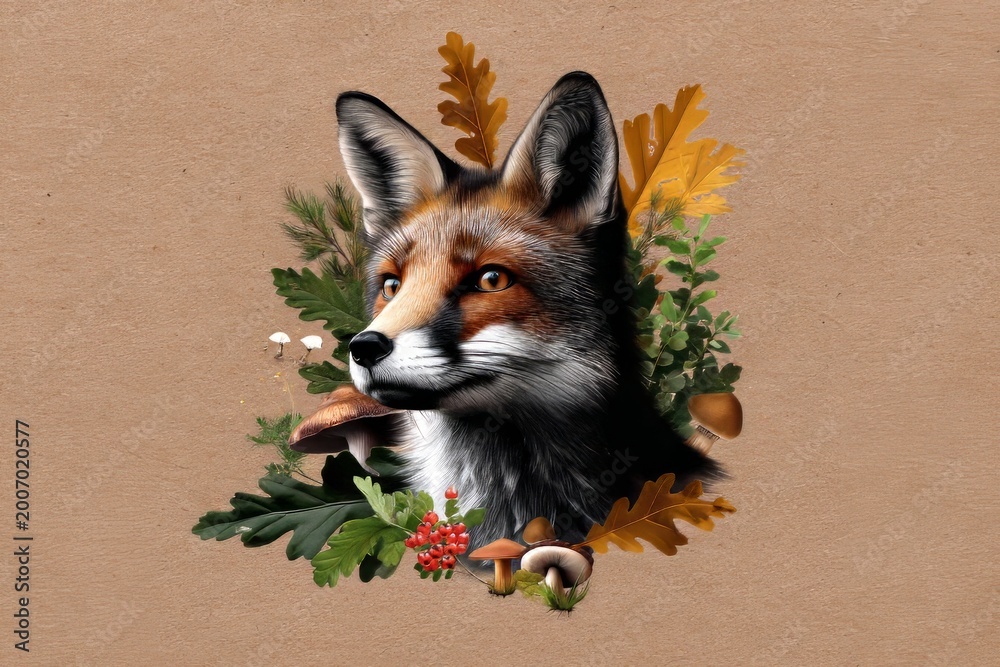 Fototapeta premium Hand-Drawn Illustration of a Fox Head Surrounded by Natural Elements and Forest Flora