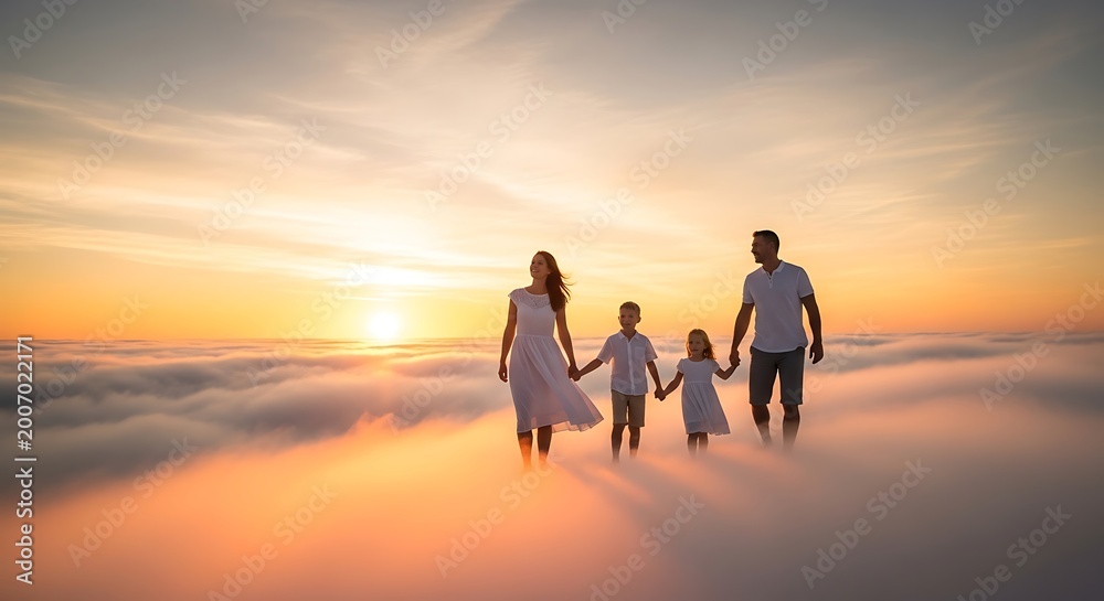 Fototapeta premium Family walking on clouds at sunset.