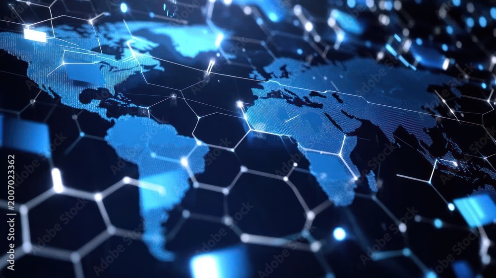Fototapeta premium Futuristic glowing blue world map over a hexagonal network grid with illuminated connection nodes, light points and data flow conveying global digital connectivity