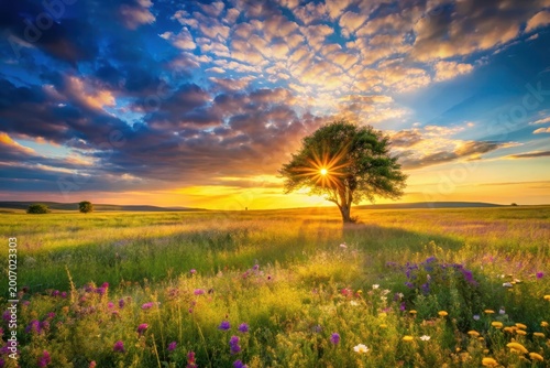 Serene Sunset Landscape A solitary tree stands silhouetted against a vibrant, colorful sunset, casting long shadows across a field of wildflowers bathed in golden light.