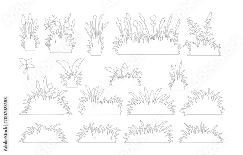 Minimalist grass line art collection, botanical garden plant silhouettes, 15 black and white floral vector elements for landscape design and coloring