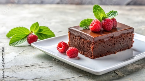 A decadent chocolate brownie, richly glazed and adorned with fresh raspberries and mint leaves, elegantly presented on a pristine white plate