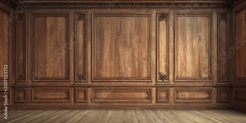 Elegant Vintage Wood Paneled Room Interior with Parquet Floor.