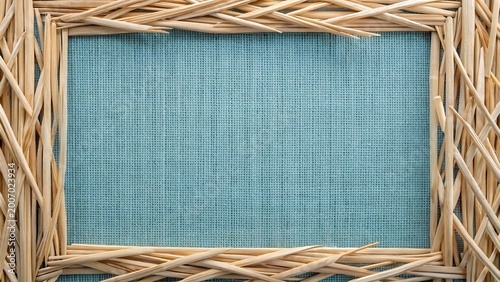 Rustic Textured Background with Interwoven Straw Frame and Light Blue Fabric Centerpiece for Design Elements