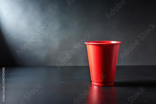 A single vibrant red plastic cup sits on a dark surface against a moody backdrop