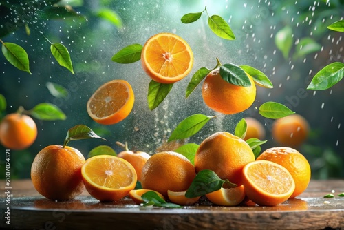 Vibrant oranges falling onto a wooden surface, surrounded by lush green leaves and water droplets, creating a refreshing and juicy scene.