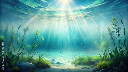Serene Underwater Scene Sunbeams Illuminate Aquatic Plants and Small Fish in a Tranquil Submerged World