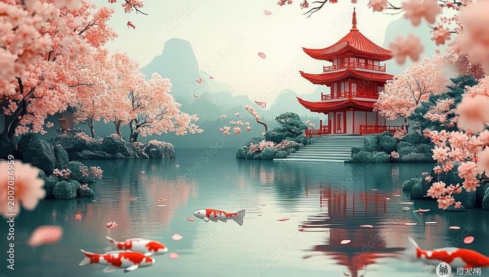 Obraz premium Tranquil lakeside scene with a red tiered pagoda, pink cherry blossom trees, koi fish swimming in reflective water, misty mountains and drifting petals