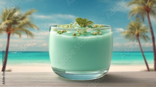 Refreshing Mint Dessert in a Glass Surrounded by Tropical Beach Background with Palm Trees and Blue Ocean Under Clear Sky