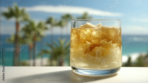 Fresh Cocktail with Ice in Glass on a Sunny Beachside with Palm Trees and Ocean View, Perfect for Summer Vibes and Relaxation Moments