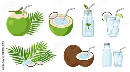 Fotografie Refreshing Coconut Delights: A vibrant array of refreshing coconut beverages showcases the tropical essence and pure enjoyment of these natural drinks
