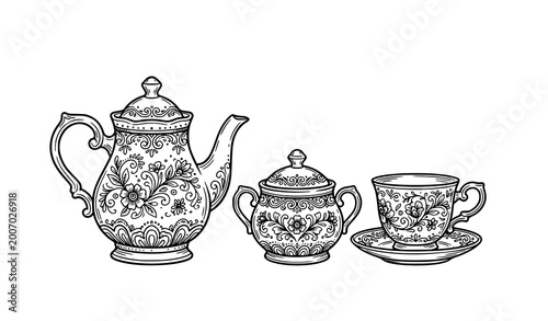Cuadro en lienzo Teapot Pouring Tea Cup Sugar Bowl Continuous Line Vector Art