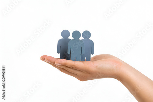 Female Hand Holding Team Group Icon on White Background – Business, Leadership, Human Resources Concept,Collaboration, Leadership, Organization Concept,Teamwork, Partnership, Business Strategy Concept