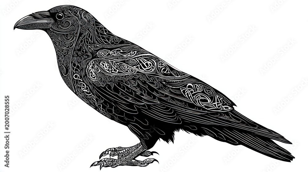Fototapeta premium Intricate Raven Portrait: A detailed illustration of a raven showcases intricate patterns etched into its feathers, embodying mystery and artistic beauty.