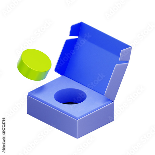 Obraz na plátne 3D illustration of open box with custom foam insert and circular product for packaging design, unboxing experience, and product protection