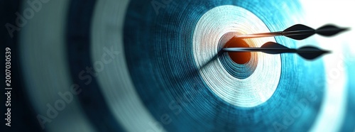 Three darts clustered in the bullseye of a blue concentric target, close-up shot conveying precision, focus and achievement
