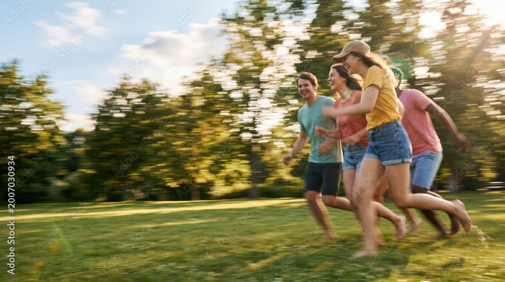Fototapeta premium Group of Young Adult Friends Running Barefoot Through Sunny Park Grass