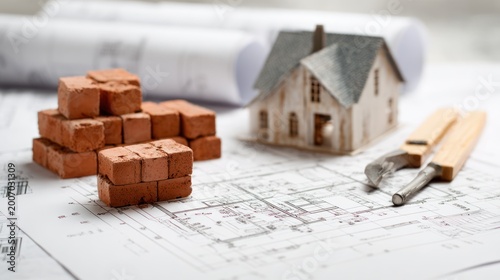 Blueprint of Dreams: A miniature house sits amidst construction tools, bricks, and architectural blueprints, representing the meticulous planning and tangible steps of building a home.