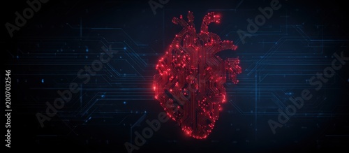Abstract glowing red heart with digital network connections on dark blue background.