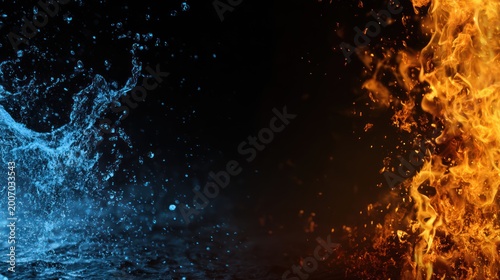 Water vs Fire: A dynamic juxtaposition of water and fire elements, creating a captivating visual representation of the elements' contrast and interaction, with a dark background.