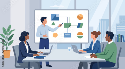 Corporate business meeting vector flat illustration with presenter and team in office