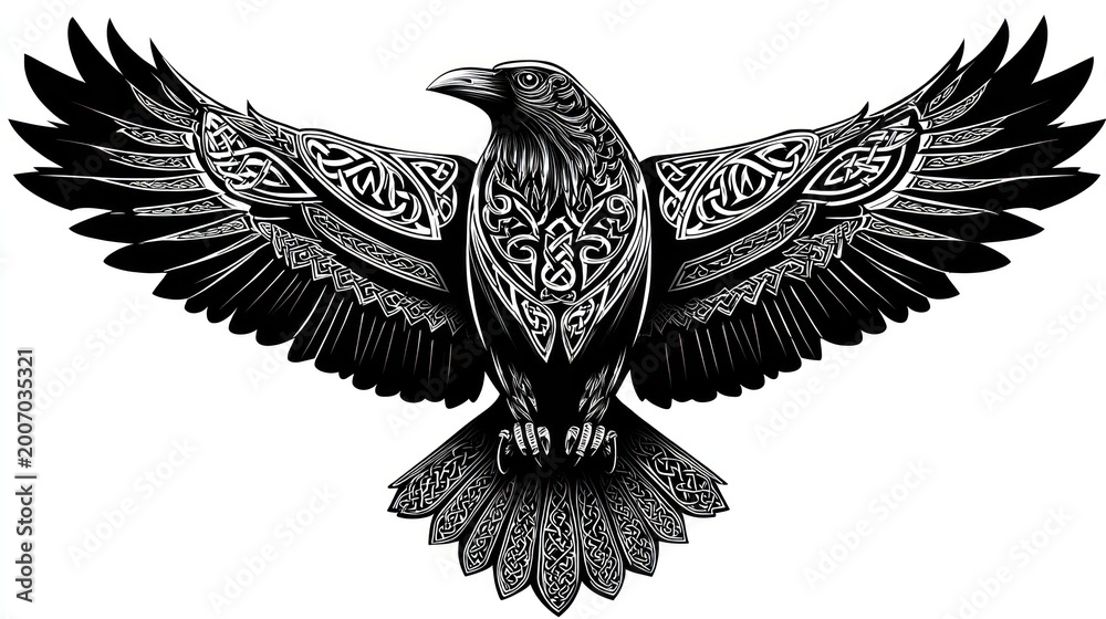 Fototapeta premium Raven Artwork with Wing Spread: This captivating artwork captures the essence of a raven, wings elegantly outstretched.