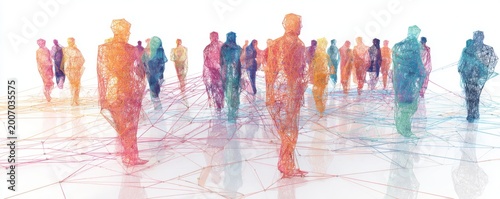 Abstract colorful figures representing a diverse group of people connected by a network.