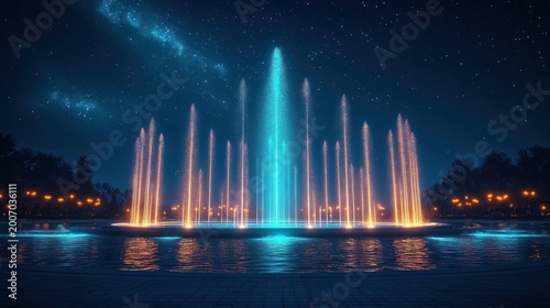 Symmetrical illuminated water fountain at night with a bright blue central jet and golden peripheral streams reflecting on a calm pool under a starry sky, evoking a serene magical mood