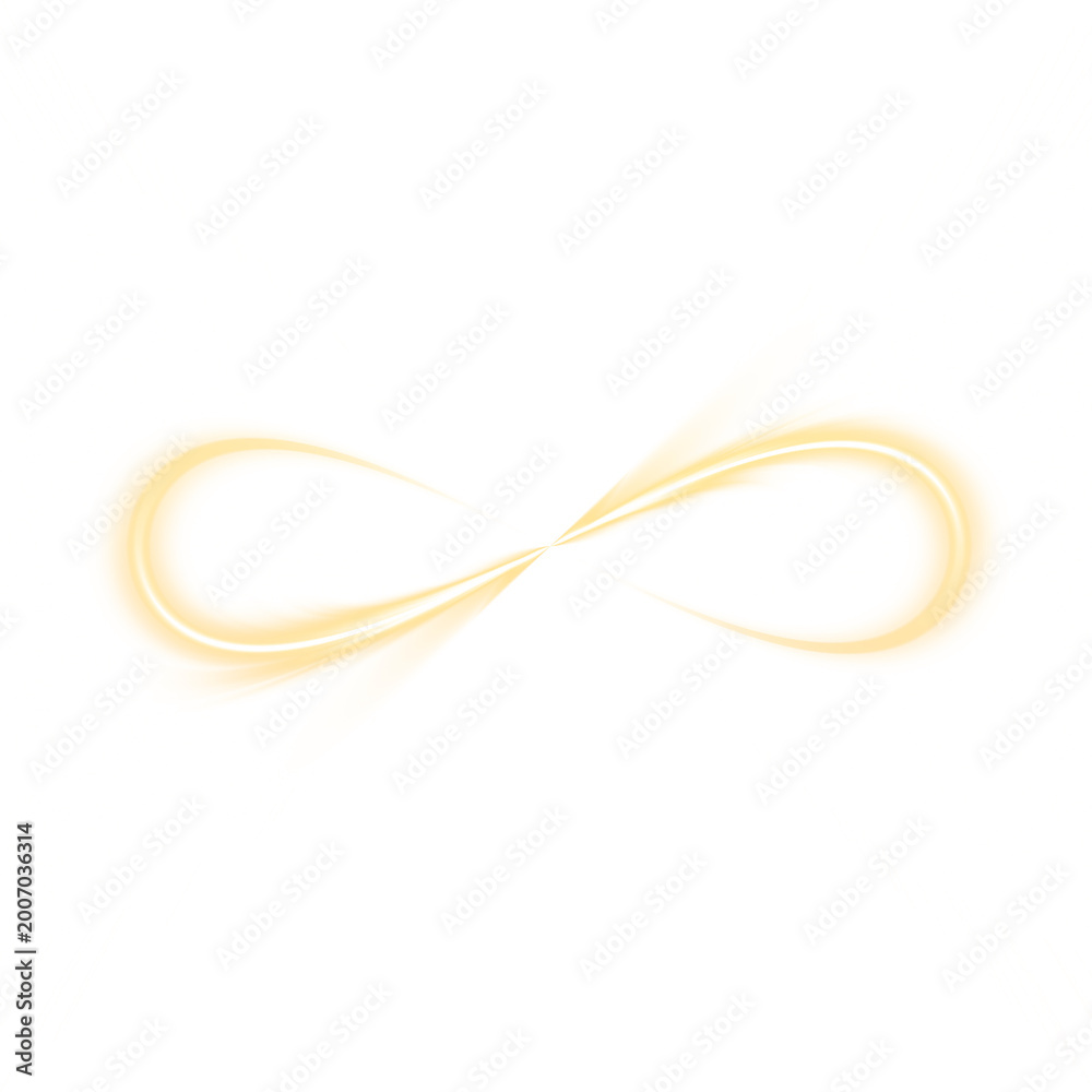Naklejka premium gold glowing infinity symbol light trail on black background, flowing curve light effect