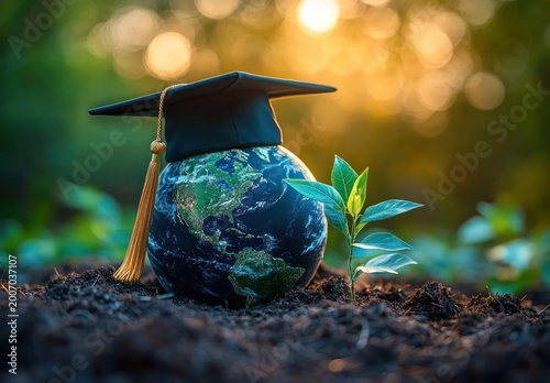 Globe wearing a graduation cap with tassel sitting on soil beside a young green seedling at golden sunrise, conveying hope, growth and environmental stewardship