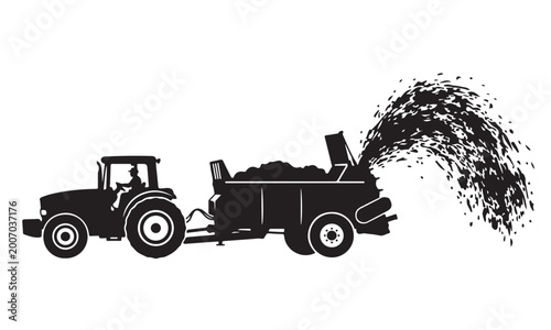 Foto Manure spreader silhouette, compost spreader trailer, agriculture field, vector