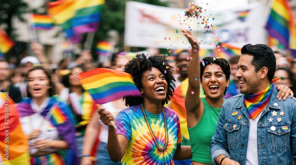 Fototapeta premium Diverse Young Adults Celebrating Pride Parade with Rainbow Flags and Confetti