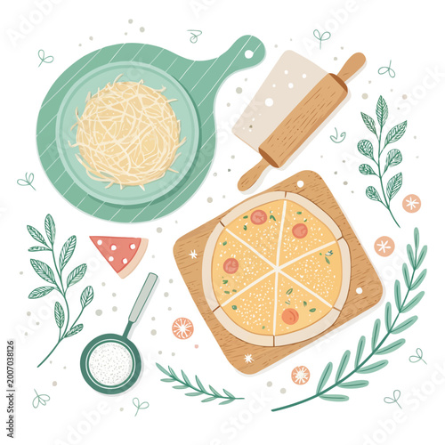 Bild auf Leinwand Flat design illustration of a pizza and grated cheese with a rolling pin, decorated with herbs and spices
