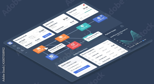 Isometric business process flowchart with data visualization and analytics elements on a digital dashboard interface