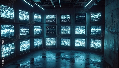 Surveillance room filled with multiple glowing monitors displaying static and digital noise, creating a futuristic and dystopian atmosphere