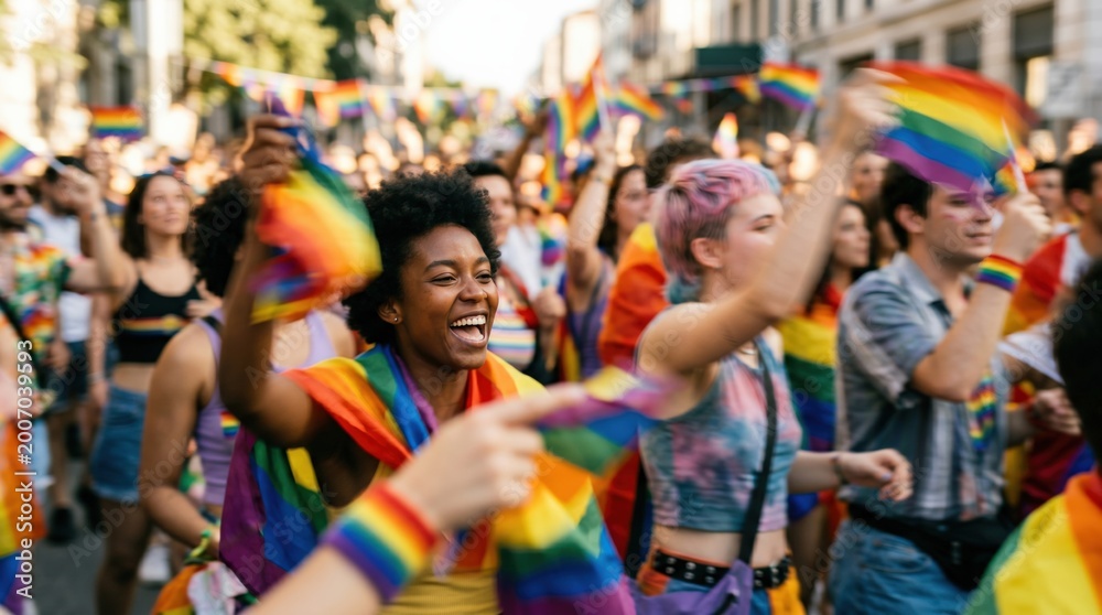 Fototapeta premium Diverse Young Adults Celebrating Pride Parade with Rainbow Flags in City Street