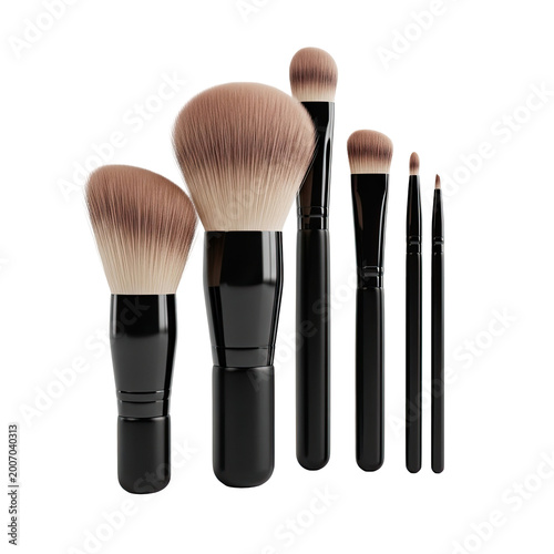 Professional Makeup Brush Set with Black Handles on White Background.