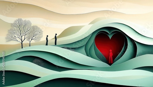 layered paper-cut hills with two figures watching a glowing red heart-shaped hollow holding a lone figure, bare trees, serene yearning and separation