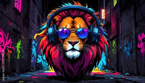Dynamic lion with a glowing, multicolored mane, stylish headphones, and sunglasses commands an electrifying urban alleyway vibrant with neon graffiti