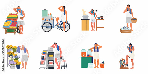 Canvas Print Collection of diverse street vendors and workers suffering from extreme heat and sweating while working at their stalls on a white background