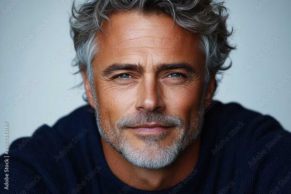 Fototapeta premium close-up portrait of a mature man with salt-and-pepper curly hair wearing a navy sweater conveying a calm, reflective mood