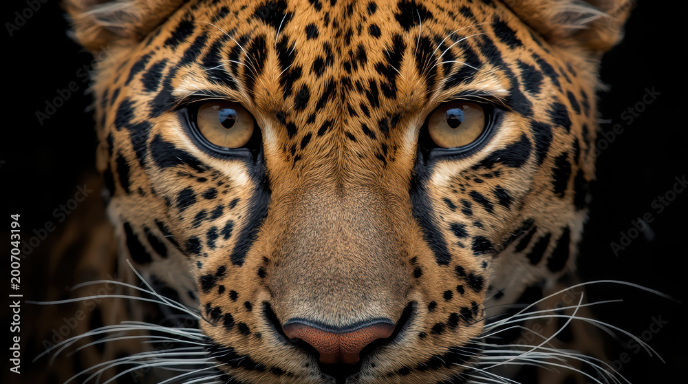 Obraz premium Close up leopard face with intense amber eyes and detailed spotted fur conveying fierce focus