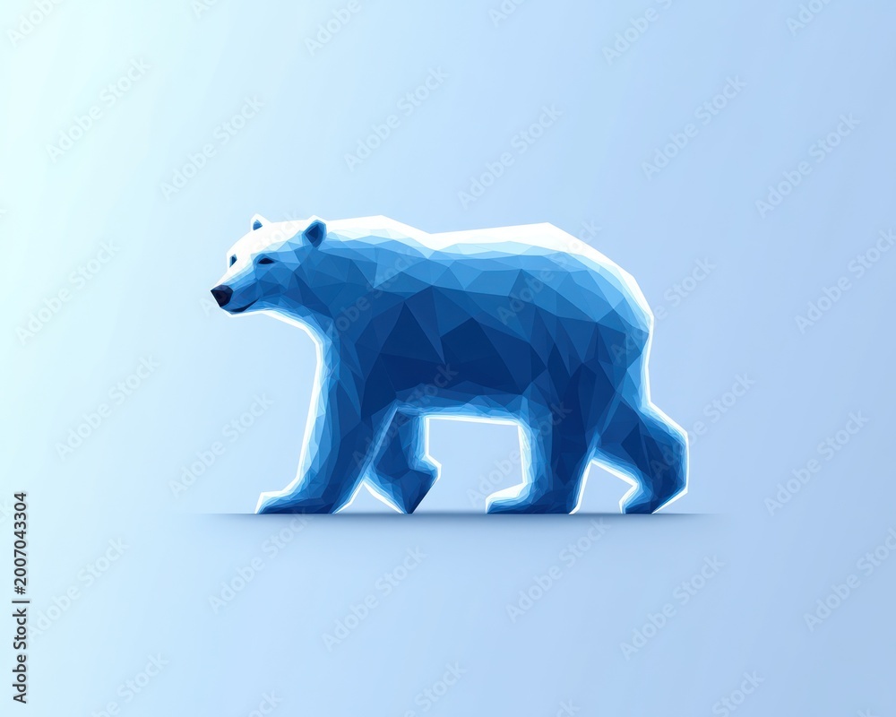 Fototapeta premium low-poly blue polar bear walking on pale gradient background, calm serene geometric wildlife illustration