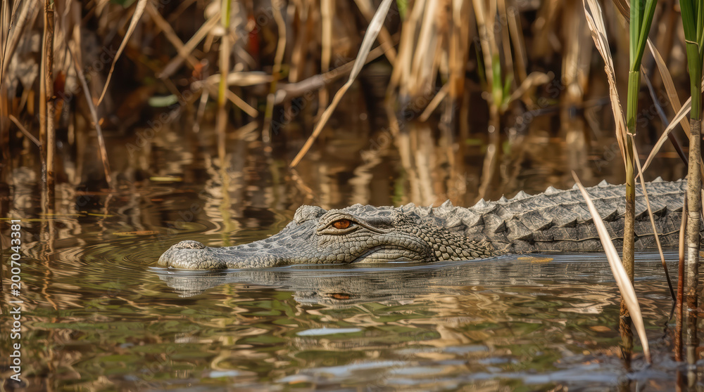 Fototapeta premium Juvenile crocodile crocodile wetland marsh water reptile eye camouflaged grass reflection