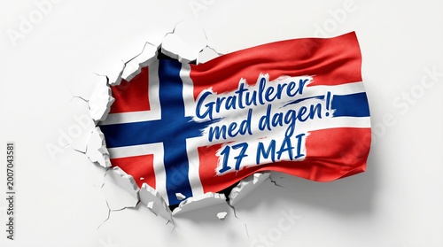 Gratulerer med dagen 17 mai Norwegian text, Norway’s National Day concept with torn wall effect, white background with copy space