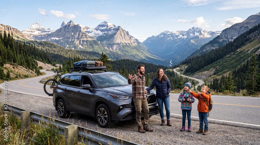 Fototapeta premium Road Trip Reverie: A family embarks on an unforgettable journey, paused beside their versatile vehicle amidst a stunning mountainous landscape, sharing a moment of anticipation.